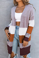 Color Block Open Front Ribbed Cuff Cardigan with Pockets - Shah S. Sahota